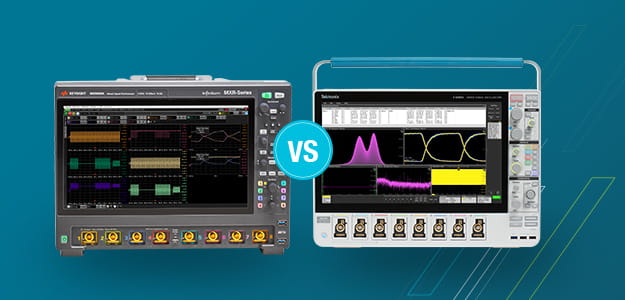 Tektronix 5 Series MSO next to a Keysight MXR