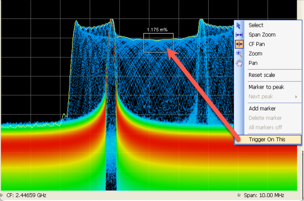 Setting up a DPX density trigger box in frequency and amplitude