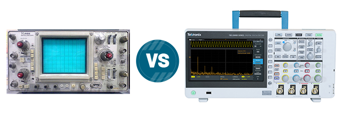 A graphic showing a side-by-side comparison of an analog and a digital oscilloscope.