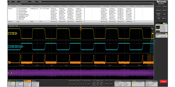 Oscilloscope display showing voltage, current and power loss in a MOSFET