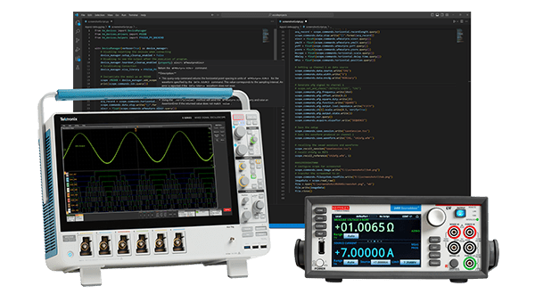 Python code using tm_devices Python package featured next to the Tektronix oscilloscope, 4 Series MSO, and Keithley DMM