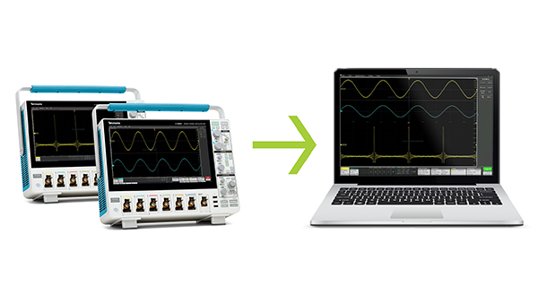 Two 4 Series B Oscilloscopes sending data to TekScope PC via TekHSI. TekScope PC using multiscope capability to display signals from both oscilloscopes at once.